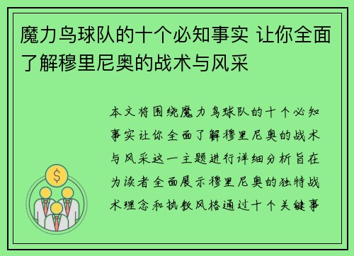 魔力鸟球队的十个必知事实 让你全面了解穆里尼奥的战术与风采 魔力鸟球队的十个必知事实 让你全面了解穆里尼奥的战术与风采