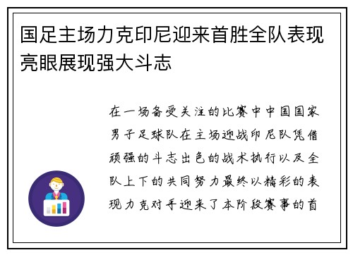 国足主场力克印尼迎来首胜全队表现亮眼展现强大斗志