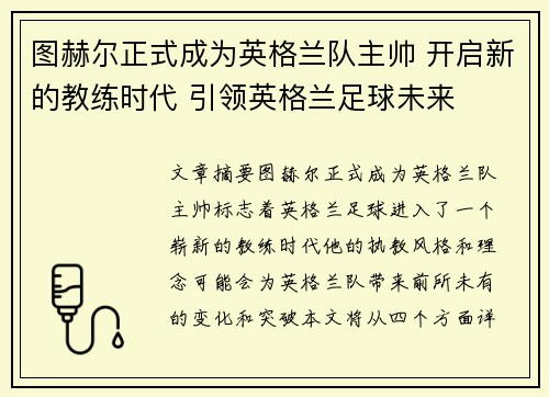 图赫尔正式成为英格兰队主帅 开启新的教练时代 引领英格兰足球未来